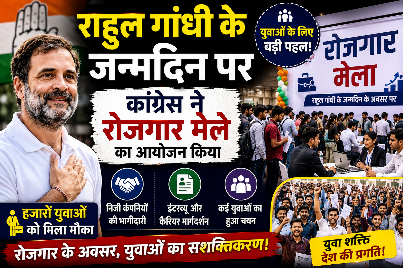🏛️ राहुल गांधी के जन्मदिन पर कांग्रेस का रोजगार मेला, युवाओं को नौकरी के अवसर देने की पहल