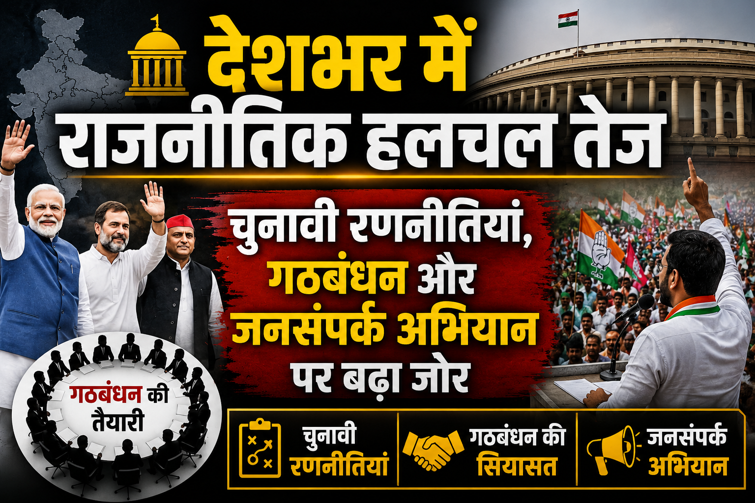 🏛️ देशभर में राजनीतिक हलचल तेज: चुनावी रणनीतियां, गठबंधन और जनसंपर्क अभियान पर बढ़ा जोर