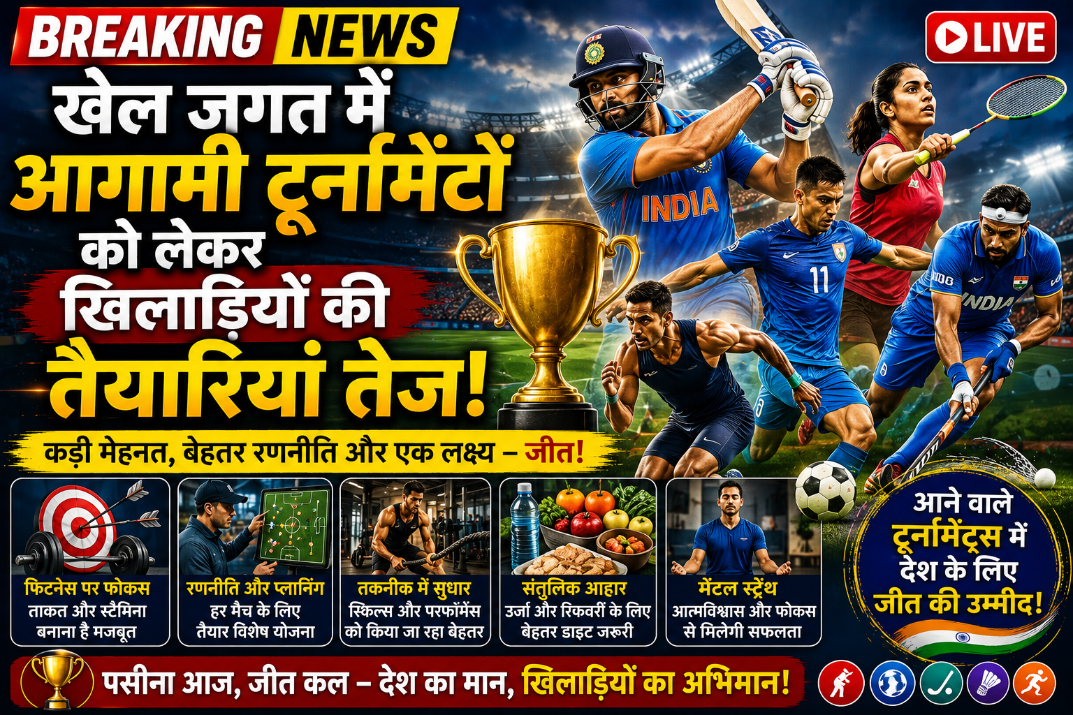 खेल जगत में आगामी टूर्नामेंटों को लेकर खिलाड़ियों की तैयारियां तेज: जीत के लक्ष्य के साथ मैदान में उतरने की तैयारी