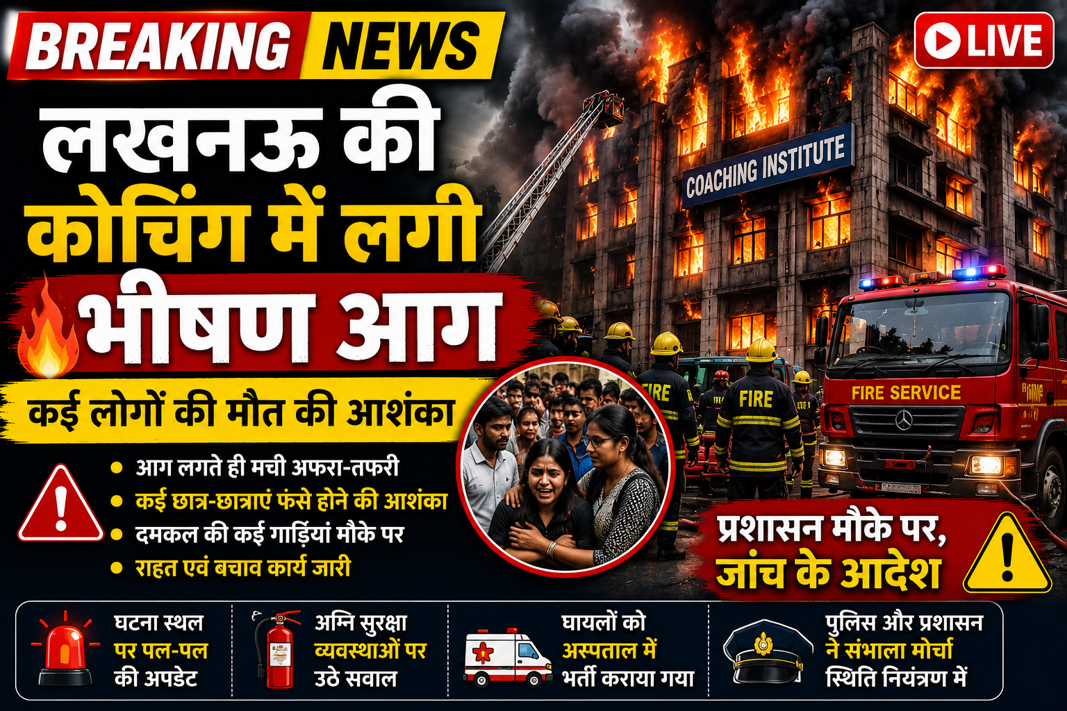 🔥 लखनऊ की कोचिंग में लगी भीषण आग: कई लोगों की मौत की आशंका, राहत और बचाव कार्य जारी