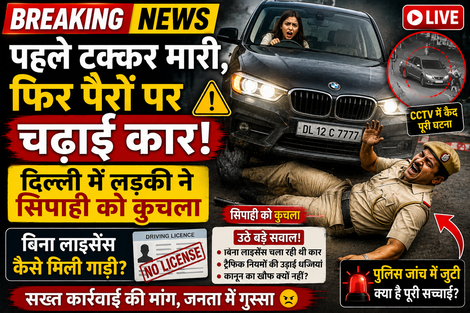 पहले टक्कर मारी, फिर पैरों पर चढ़ाई कार: दिल्ली में महिला चालक ने सिपाही को कुचला, बिना लाइसेंस वाहन मिलने पर उठे सवाल
