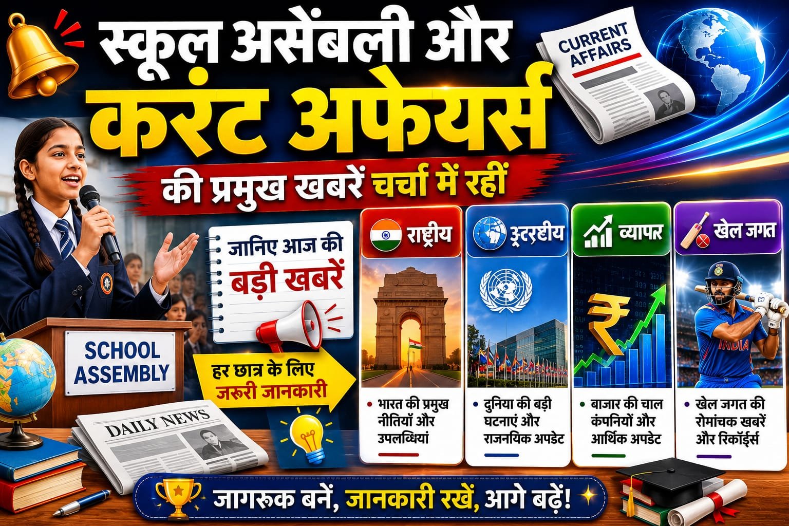 📰 स्कूल असेंबली और करंट अफेयर्स में गूंजीं देश-दुनिया की बड़ी खबरें, व्यापार और खेल जगत की गतिविधियों पर रही खास नजर