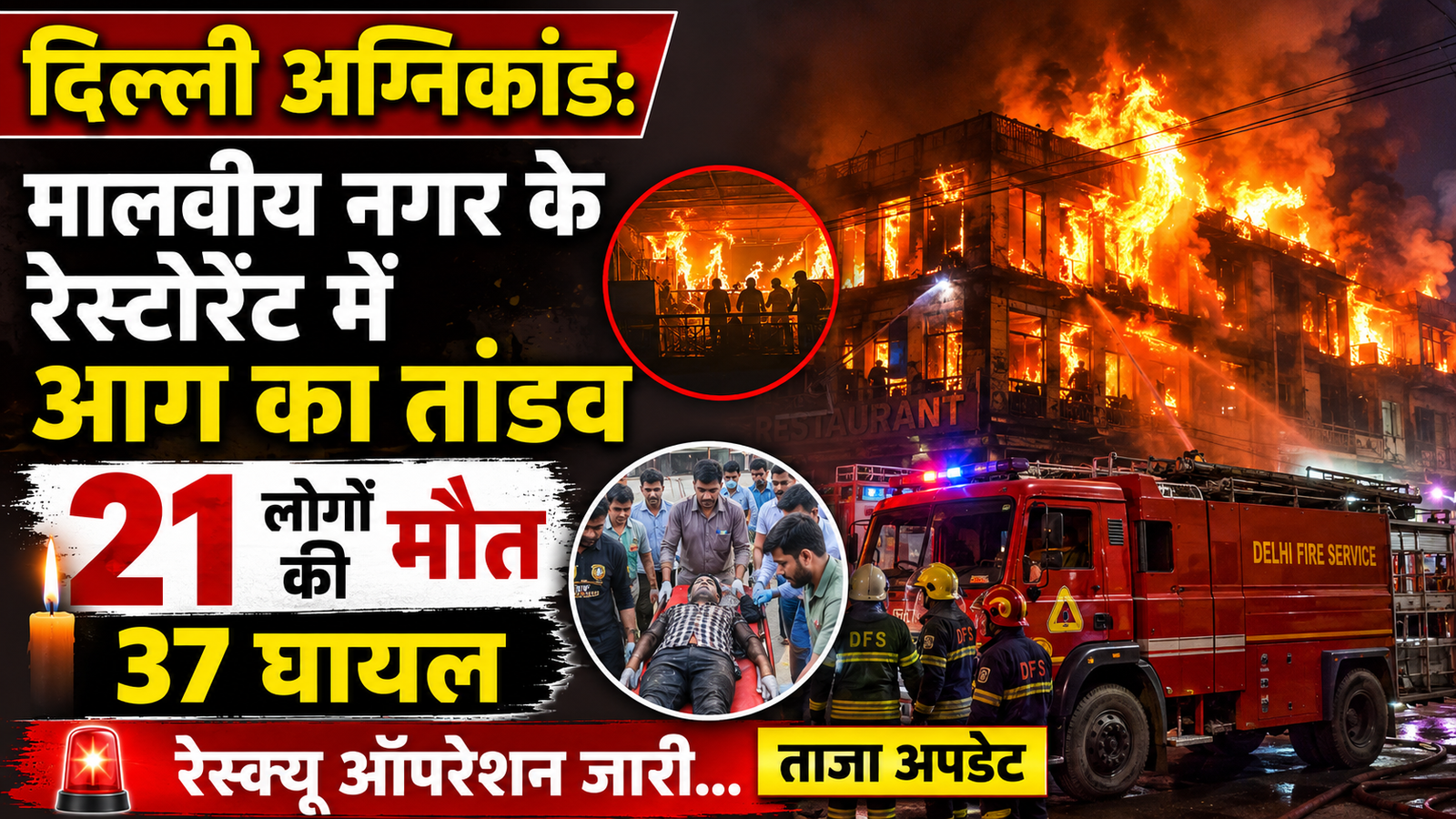 दिल्ली अग्निकांड: मालवीय नगर के रेस्टोरेंट में आग का तांडव, 21 लोगों की मौत, 37 घायल